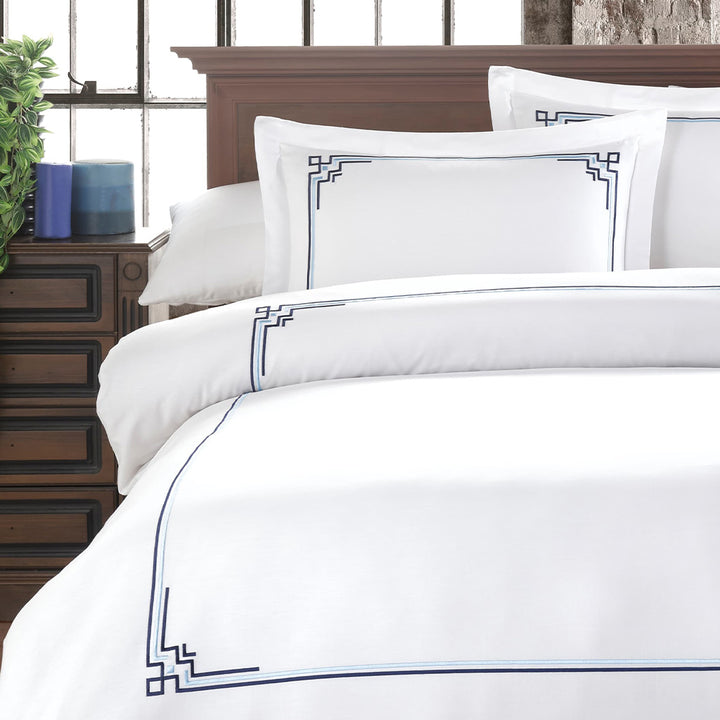 Close-up of Elegant Floral Patterns on Cotton Bed Linen Set in White-Blue Color – Adds a Stylish Touch to Your Bedroom